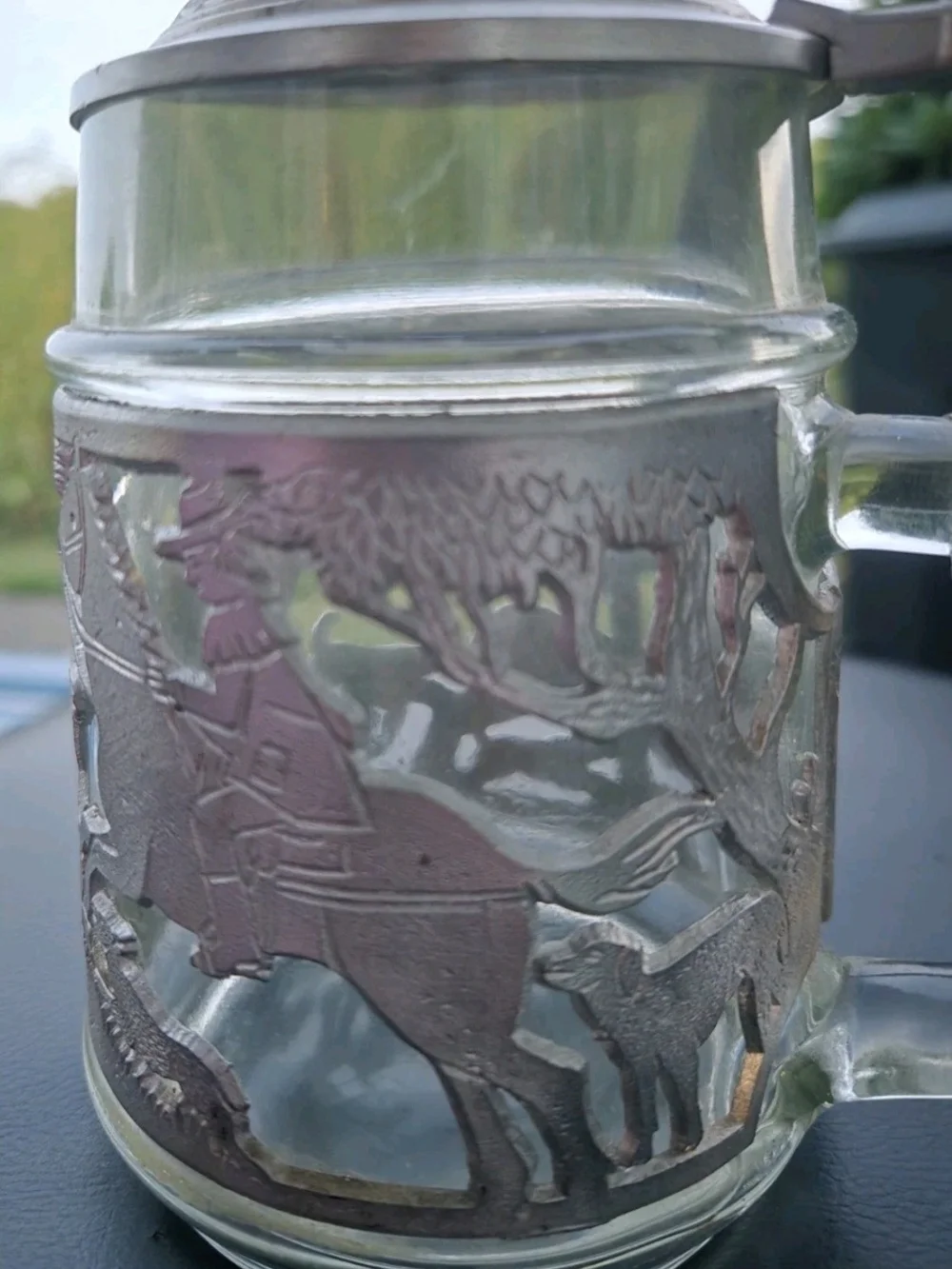 Rare Vintage German Beer Stein Pewter Lid Deer & Hound Hunt Scene